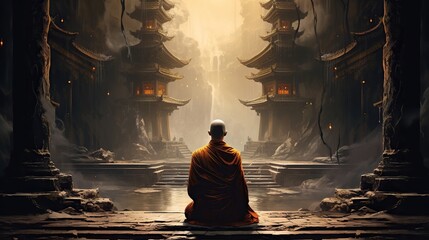 Back view of buddhist monk in orange robe, asian master meditating sitting in lotus pose in fron of ancient temple or monastery