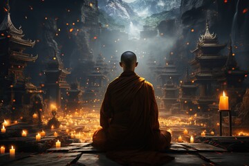 Back view of buddhist monk in orange robe, asian master meditating sitting in lotus pose in fron of ancient temple or monastery - obrazy, fototapety, plakaty