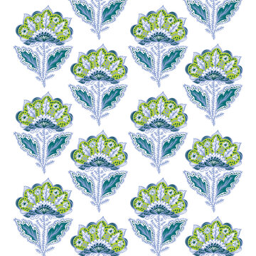 A pattern of blue and green flowers on a white background