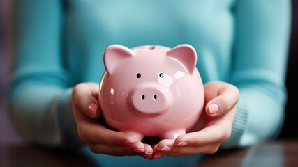 Woman holding pink piggy bank, concept of saving money, financial planning, home budgeting, deposit for future benefits and wealth - obrazy, fototapety, plakaty