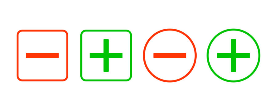 Minus and plus icon. Red minus and green plus sign set in vector. Minus and plus in square and circle outline.
