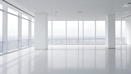 Fototapeta premium Empty modern room with white walls and big windows, minimalist interior design in luxury apartment, clean and contemporary space