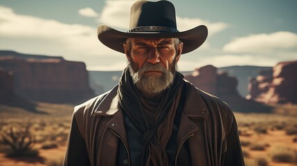 Portrait of cowboy, western movie scene in wild west desert - obrazy, fototapety, plakaty