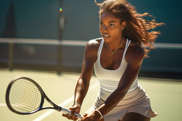 African American Female tennis player playing tennis on sunny outdoor tennis court close-up - obrazy, fototapety, plakaty