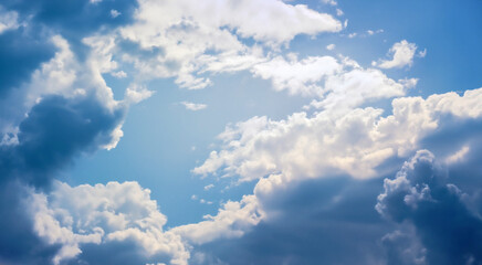 Fototapeta premium Fluffy soft clouds. Beautiful cloudy sky. Dream cloud of heaven. Nature background or backdrop.