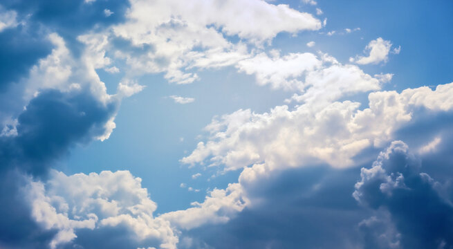 Fluffy soft clouds. Beautiful cloudy sky. Dream cloud of heaven. Nature background or backdrop.