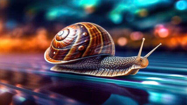 Fast snail racing with light trail, showing high speed on neon race track
