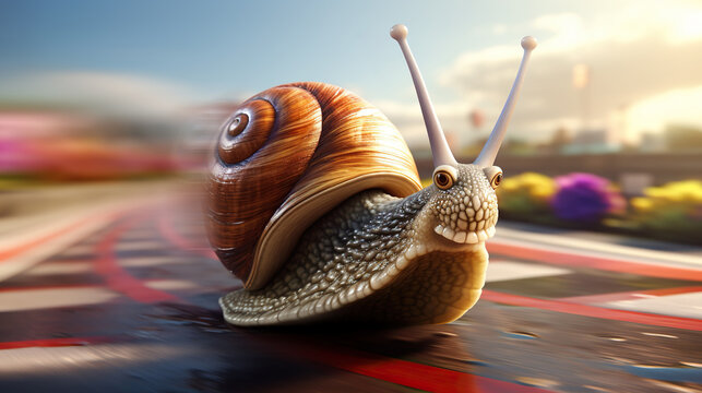 Fast snail racing on track in blurred motion, showing high speed