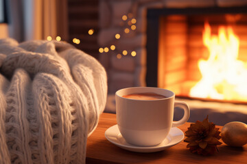 A cup of coffee or hot chocolate on the background of a fireplace with a fire and a white sweater next to it. The concept of autumn or christmas home comfort.generative ai
