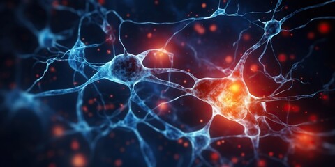 Neural network with glowing synapses, macro view of brain neurons transmitting electric impulses, neuroscience and biology research concept