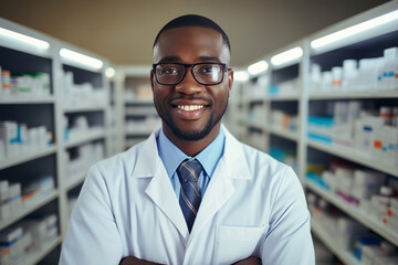 Portrait of african doctor with glasses or pharmacy worker standing between shelves with medicines. Health and medicine concept.generative ai
 - obrazy, fototapety, plakaty