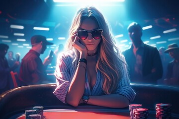 Illustration of beautiful woman at casino table, artwork of female professional poker player in sunglasses, gambling with chips and cards