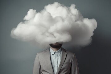 Man with cloud over his head depicting solitude and depression, abstract concept of loneliness and anxiety, isolated on gray background
