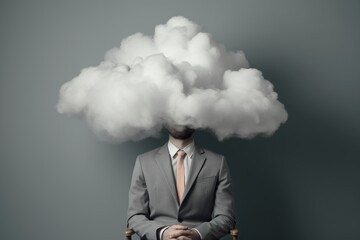 Man with cloud over his head depicting solitude and depression, abstract concept of loneliness and anxiety, isolated on gray background
