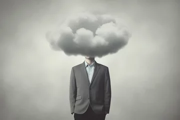 Fotobehang Man with cloud over his head depicting solitude and depression, abstract concept of loneliness and anxiety, isolated on gray background © iridescentstreet