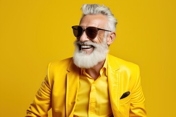 Happy bearded senior man in colorful yellow outfit, cool sunglasses, laughing and having fun in fashion studio - obrazy, fototapety, plakaty