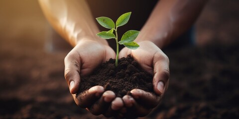 Fototapeta premium Nurturing Growth: Hand Holding Earth and Plant