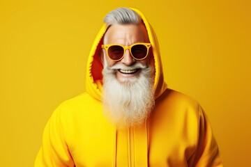 Happy bearded senior man in colorful yellow outfit, cool sunglasses, laughing and having fun in fashion studio