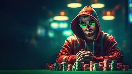 Professional poker player at casino table, man in hoodie and sunglasses playing tournament, gambling with cards and chips at night