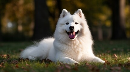 Obraz premium playful samoyed dog in the park, in a yard, on grass