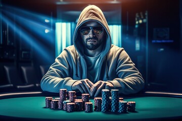 Professional poker player at casino table, man in hoodie and sunglasses playing tournament, gambling with cards and chips at night