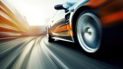 Close-up of wheel of fast sports car on sunny highway: high-performance auto in motion blur