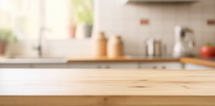 Modern kitchen with blurred background, bright wooden countertop, empty space for product display