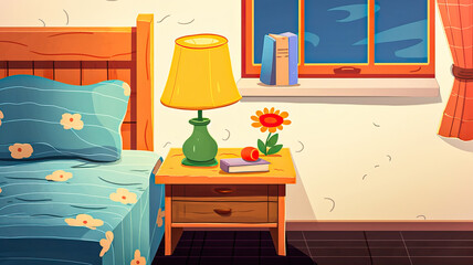 Cozy Slumber: A Cartoon Bedroom with a Touch of Childhood Innocence,interior of a bedroom,bed in the bedroom