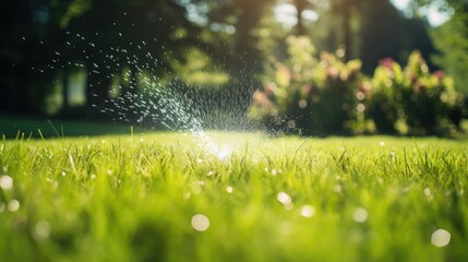 Image of an automatic lawn watering system. - obrazy, fototapety, plakaty