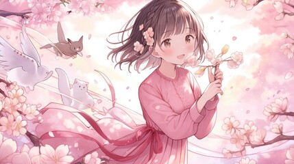 Obraz na płótnie Canvas An image of an anime girl surrounded by sakura petals.