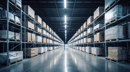 An image of a warehouse filled with neatly stacked pallets, shelves and boxes.