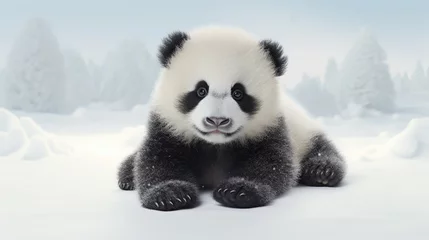 Fototapete Image of a playful panda cub sitting on a white background. © kept