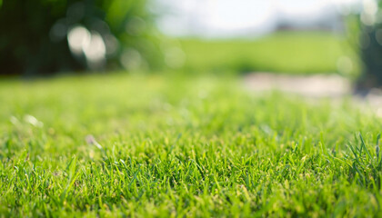 Naklejka premium Fresh green grass. Lawn background in sunny summer day.