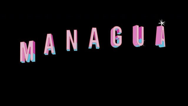 Bright letters jump merrily in the inscription MANAGUA capital name. Retro. Alpha channel black. In-Out looped. Alpha BW at the end. Looped from frame 120 to 240, Alpha BW at the end