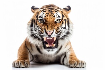 Obraz premium Dangerous aggressive tiger on a white background.