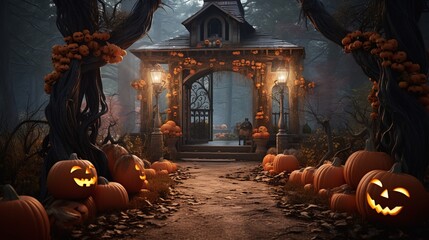 Old pavilion in an enchanted garden. Halloween. Spooky. Generative AI