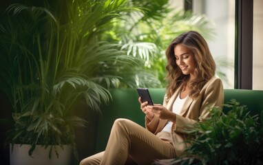 Young smiling business woman looking at smartphone. Generative AI
