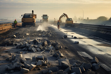 highway maintenance workers making new roads  - obrazy, fototapety, plakaty