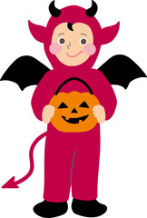 Halloween party illustration element of a child in red devil costume with a pumpkin bucket. Cute & fun background material for design