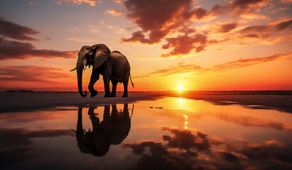 Beautiful image of elephant in the sunset on the beach. AI generated