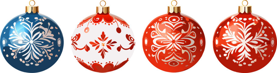 Christmas tree decorations with patterned balls and colorful baubles, festive ornaments in vector style, perfect for holiday cards, seasonal graphics, and decorative design. AI generated illustration.