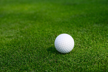 Closeup of white golf ball on a putting green
