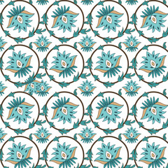 A blue and white floral pattern on a white background