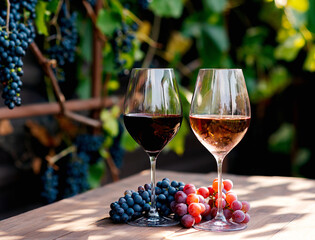 Glasses of pink and red wine on an wooden plate in the vineyard