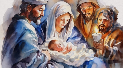 Fototapeta na wymiar Nativity scene, Christmas watercolor, generative ai