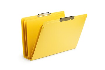 Yellow file folders. The folders are standing upright and are slightly open. The folders have metal tabs on the top for labeling.