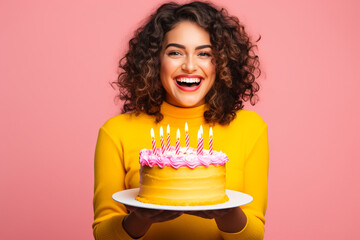 Frontal image of a beautiful young Hispanic woman smiling with birthday cake.