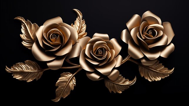 Golden 3D rose flower, a metal wall decoration in the form of golden roses.