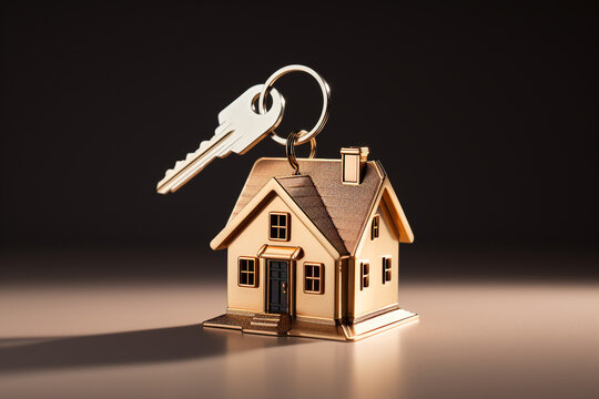 Key ring image of a small house conveying the concept of home, property, mortgage.
