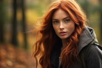 Portrait of a beautiful red-hair woman in the woods, autumn time, sophisticated mood - Generative AI